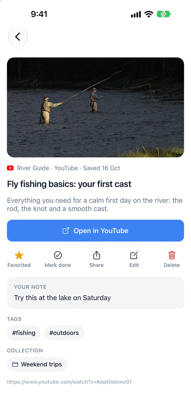 A saved YouTube video with note, tags, collection and an Open in YouTube button