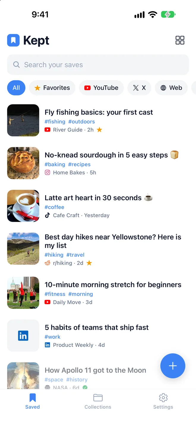 Kept home screen listing saves from YouTube, Instagram, TikTok and Reddit with tags