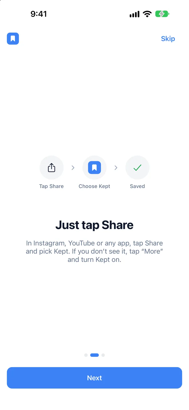 Kept explaining: tap Share, choose Kept, saved
