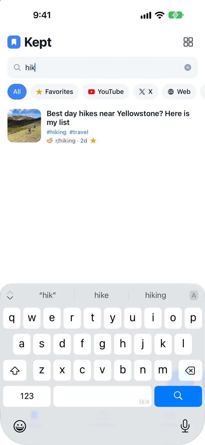 Searching 'hik' instantly finds a saved hiking post